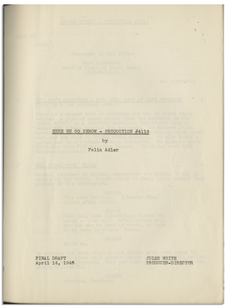 Moe Howard's 22pp. Script Dated April 1948 for The Three Stooges Film ''Malice in the Palace'', Working Title ''Here We Go Shmow'' -- Very Good Plus Condition